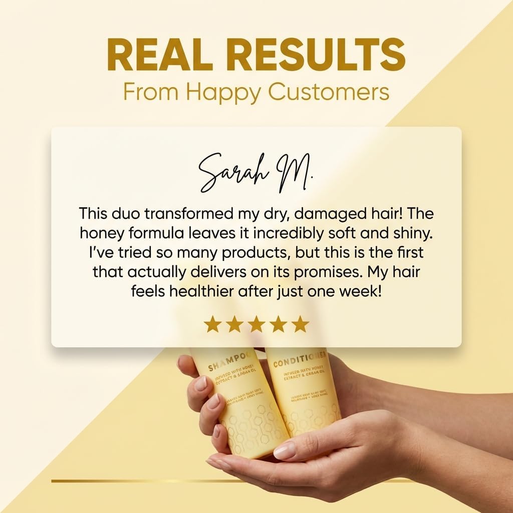 HEY HUN Sulphate Free Shampoo and Conditioner Set with Argan Oil & Honey - Moisturising Hair Care for Dry Damaged Frizzy Hair - Colour Protecting Hair Treatment Set for All Hair Types (2x300ml)