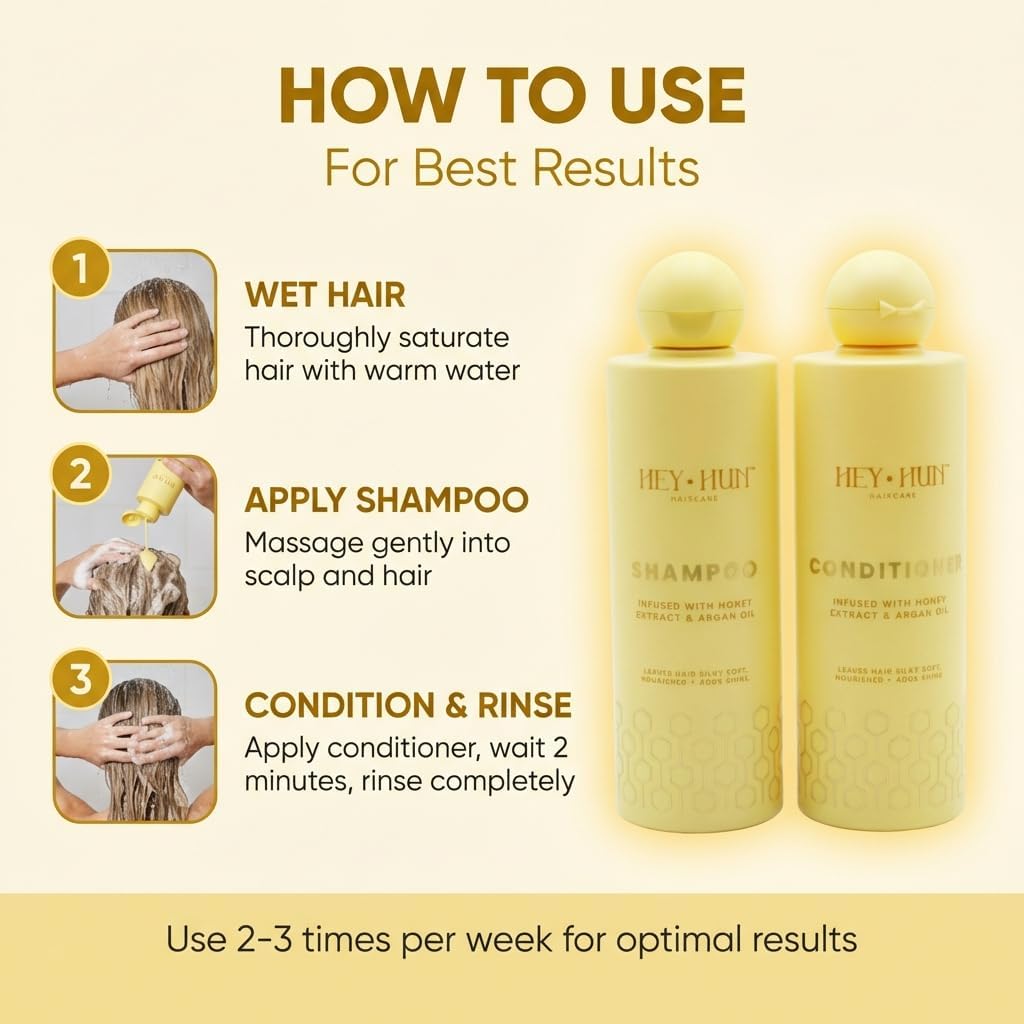 HEY HUN Sulphate Free Shampoo and Conditioner Set with Argan Oil & Honey - Moisturising Hair Care for Dry Damaged Frizzy Hair - Colour Protecting Hair Treatment Set for All Hair Types (2x300ml)