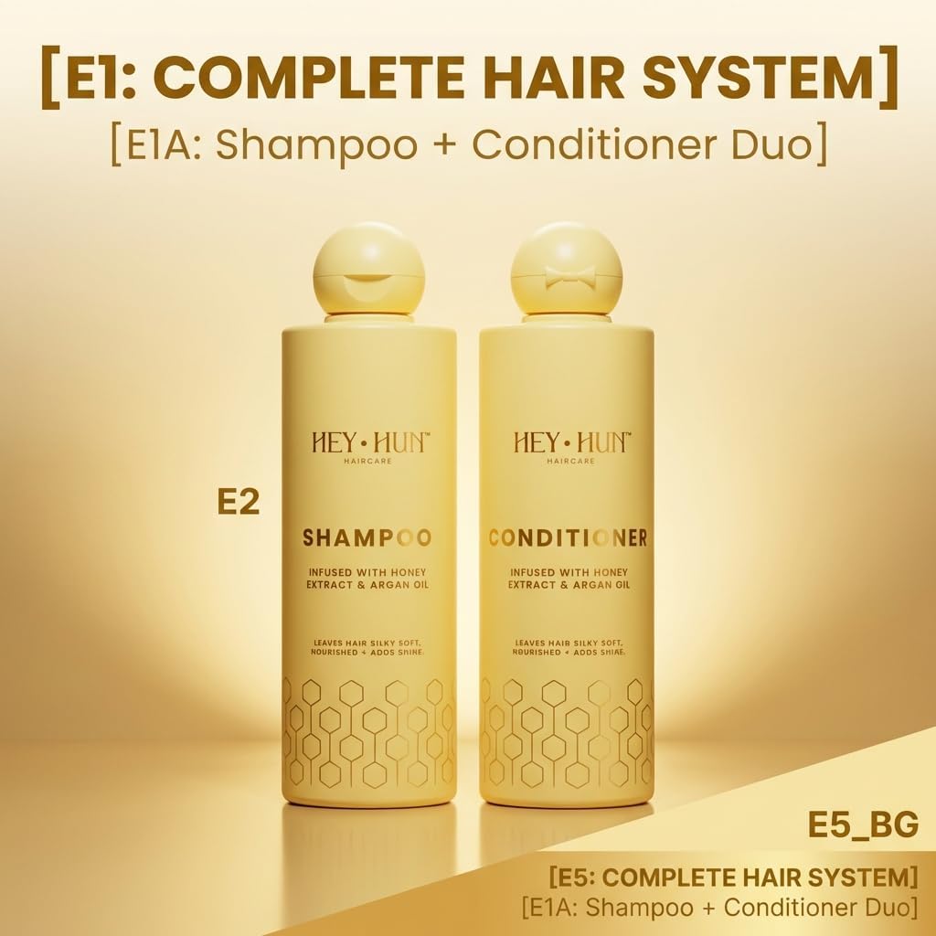 HEY HUN Sulphate Free Shampoo and Conditioner Set with Argan Oil & Honey - Moisturising Hair Care for Dry Damaged Frizzy Hair - Colour Protecting Hair Treatment Set for All Hair Types (2x300ml)