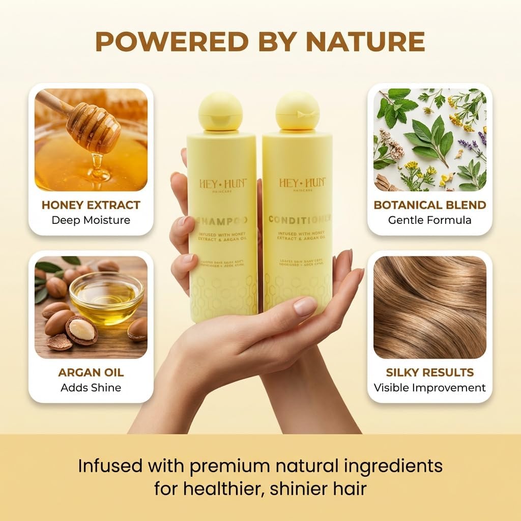 HEY HUN Sulphate Free Shampoo and Conditioner Set with Argan Oil & Honey - Moisturising Hair Care for Dry Damaged Frizzy Hair - Colour Protecting Hair Treatment Set for All Hair Types (2x300ml)