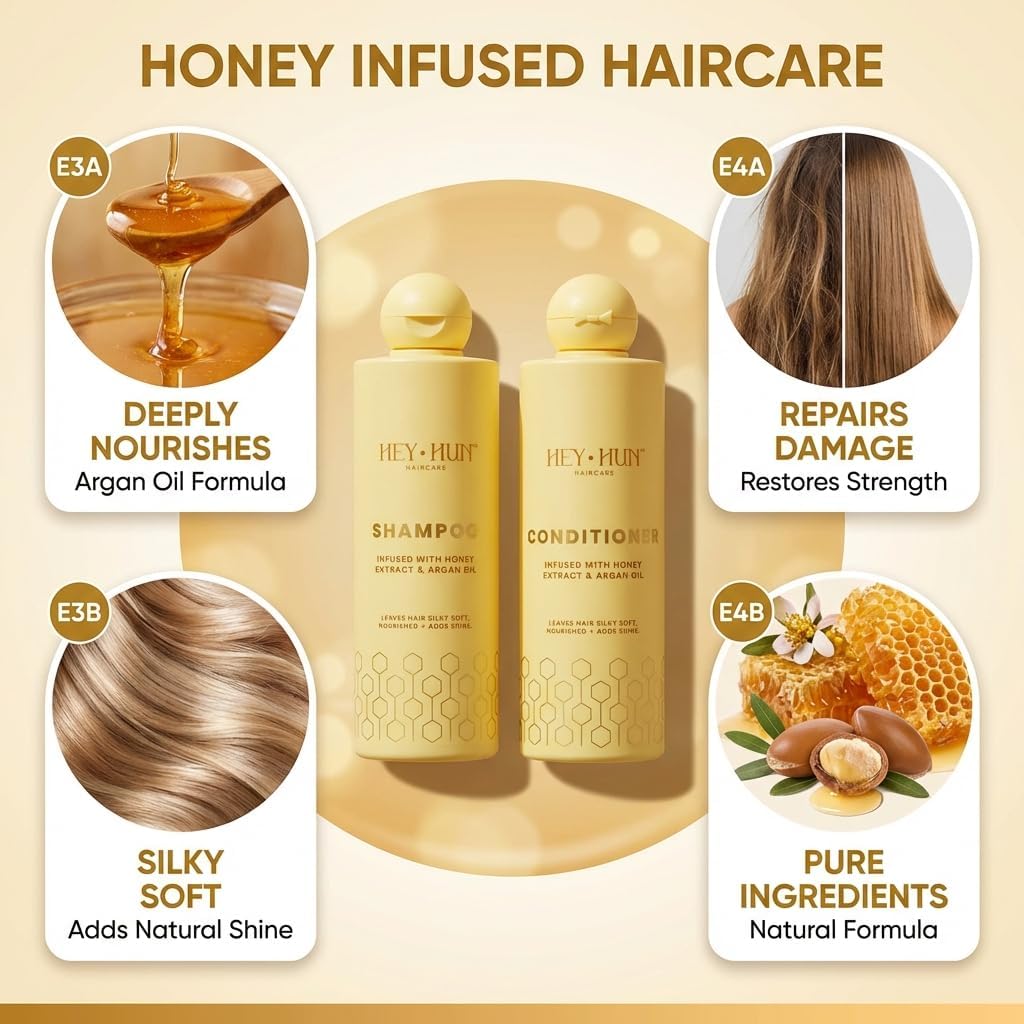 HEY HUN Sulphate Free Shampoo and Conditioner Set with Argan Oil & Honey - Moisturising Hair Care for Dry Damaged Frizzy Hair - Colour Protecting Hair Treatment Set for All Hair Types (2x300ml)