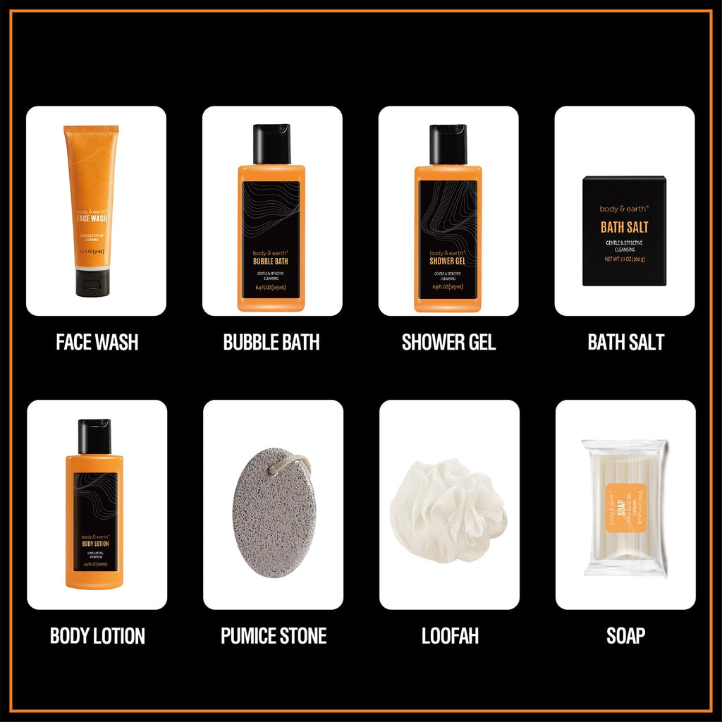 Bath and Body Gift Baskets for Men Body & Earth 9Pcs Fresh Citrus Mens Bath Set with Body Lotion, Face Wash, Shower Gel, Bubble Bath, Loofah Gift Set for Men Fathers Day Valentine Gifts Christmas