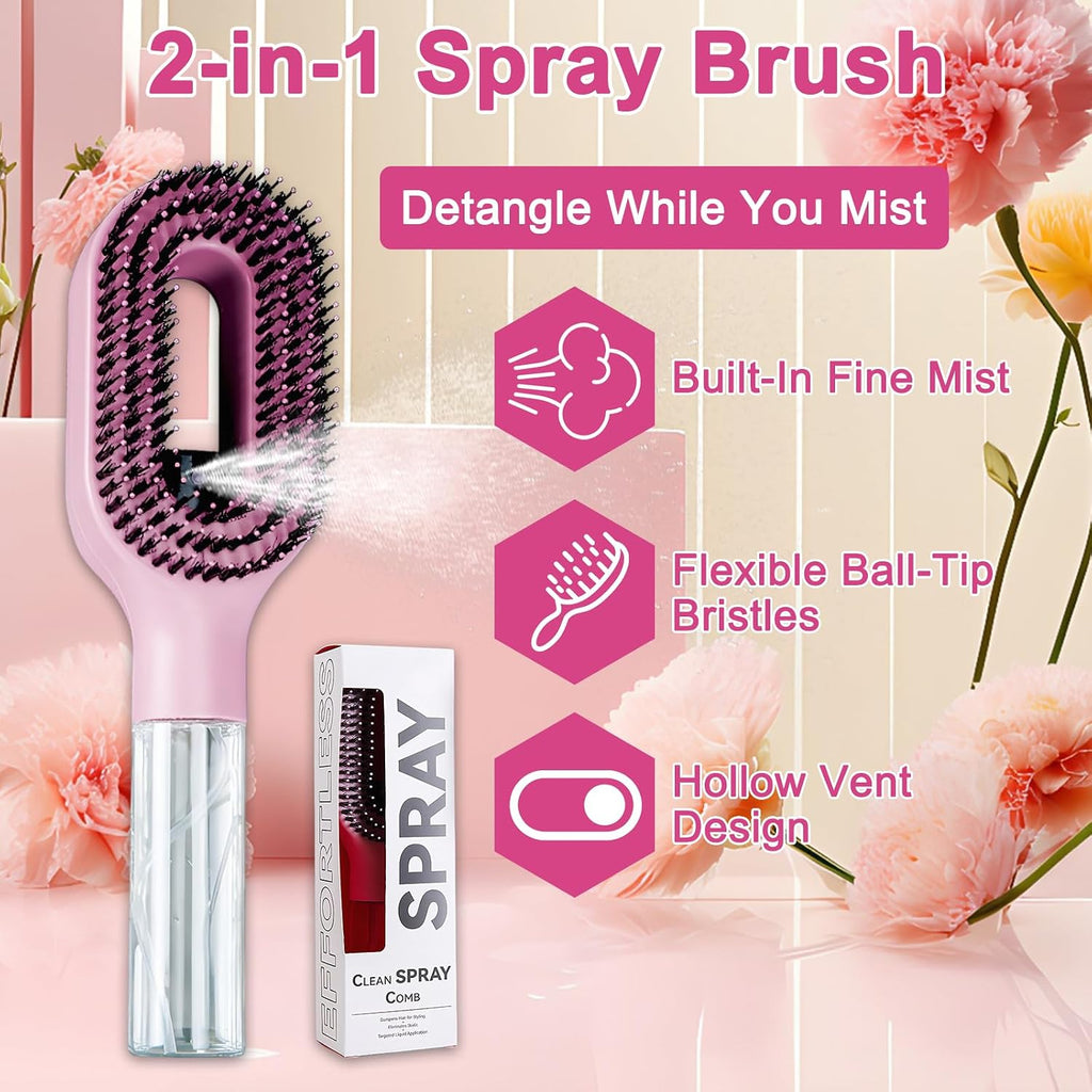 Spray Hair Brush 2-In-1 Mist Hairbrush Spray Massage Comb | Steam Hairbrush with Water Spray Portable Clean Wet & Dry Anti Frizz Detangling for Curly Wavy Straight Hairs