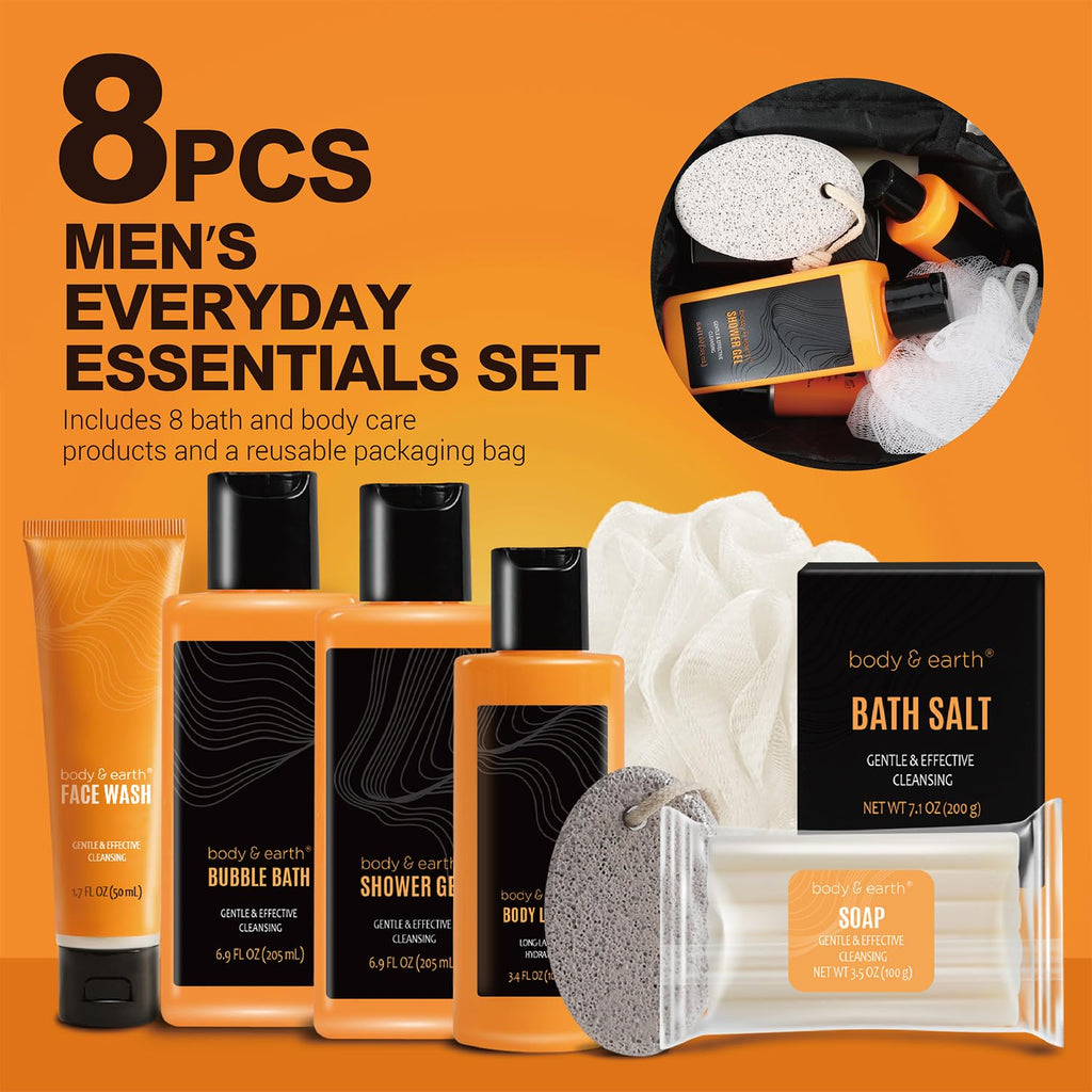 Bath and Body Gift Baskets for Men Body & Earth 9Pcs Fresh Citrus Mens Bath Set with Body Lotion, Face Wash, Shower Gel, Bubble Bath, Loofah Gift Set for Men Fathers Day Valentine Gifts Christmas