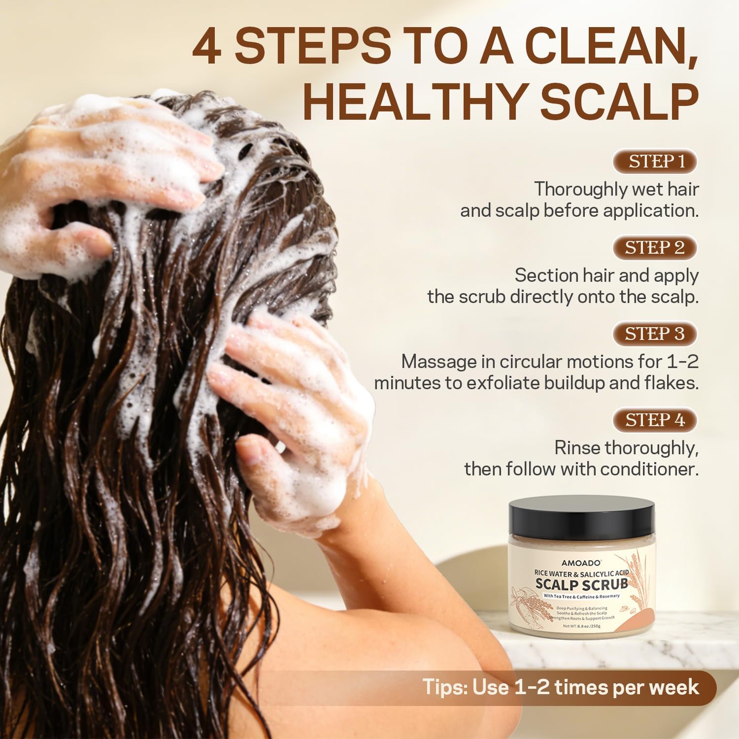 Rice Water Scalp Scrub with Salicylic Acid(BHA), Tea Tree & Rosemary – Gentle Exfoliating Scalp Scrub Shampoo for Dandruff, Removes Buildup, Controls Oil & Refreshes the Scalp,250g