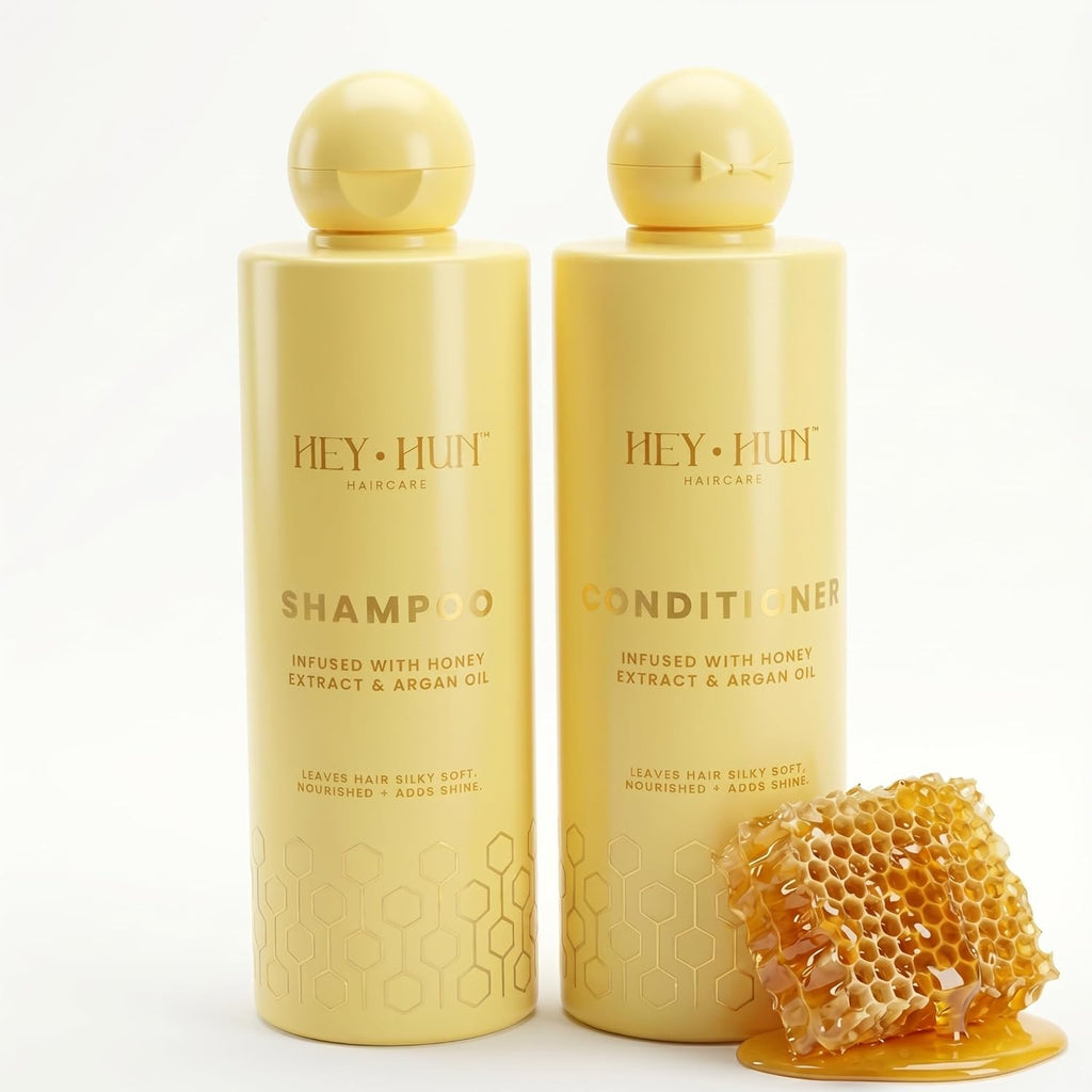 HEY HUN Sulphate Free Shampoo and Conditioner Set with Argan Oil & Honey - Moisturising Hair Care for Dry Damaged Frizzy Hair - Colour Protecting Hair Treatment Set for All Hair Types (2x300ml)