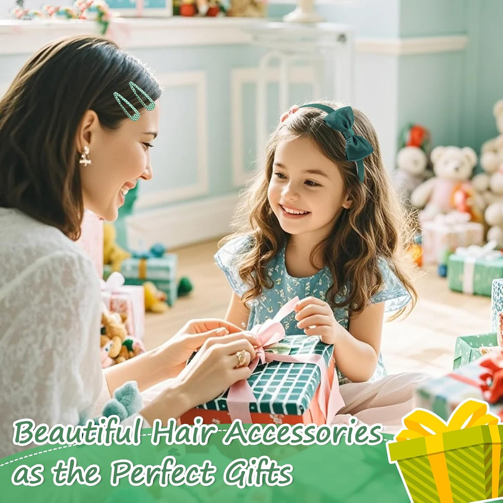 Green Hair Accessories for Girls, 28 Pcs School Hair Accessories Include Bow Hair Clips Headband Hair Bands Ribbon Ponytail Holder, Hair Bows Set for Girls Daily Dress (Available in blue, red yellow, green )