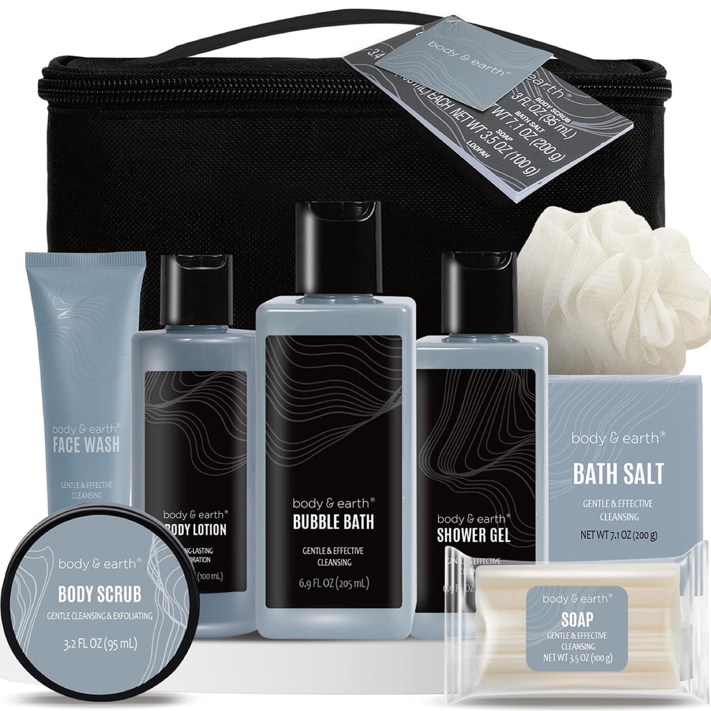 Bath and Body Gift Baskets for Men Body & Earth 9Pcs Fresh Citrus Mens Bath Set with Body Lotion, Face Wash, Shower Gel, Bubble Bath, Loofah Gift Set for Men Fathers Day Valentine Gifts Christmas