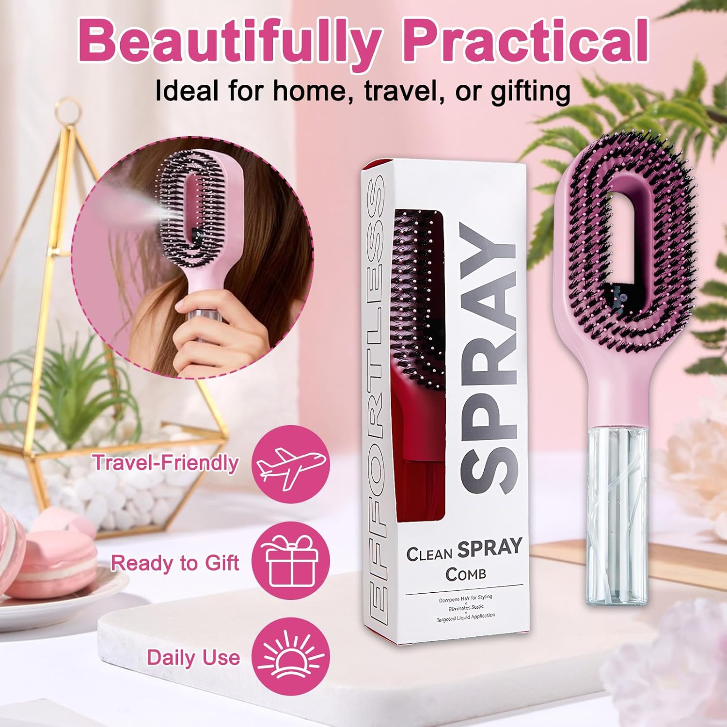 Spray Hair Brush 2-In-1 Mist Hairbrush Spray Massage Comb | Steam Hairbrush with Water Spray Portable Clean Wet & Dry Anti Frizz Detangling for Curly Wavy Straight Hairs