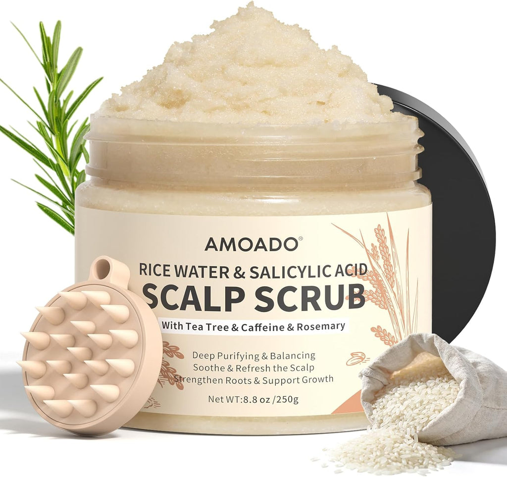 Rice Water Scalp Scrub with Salicylic Acid(BHA), Tea Tree & Rosemary – Gentle Exfoliating Scalp Scrub Shampoo for Dandruff, Removes Buildup, Controls Oil & Refreshes the Scalp,250g