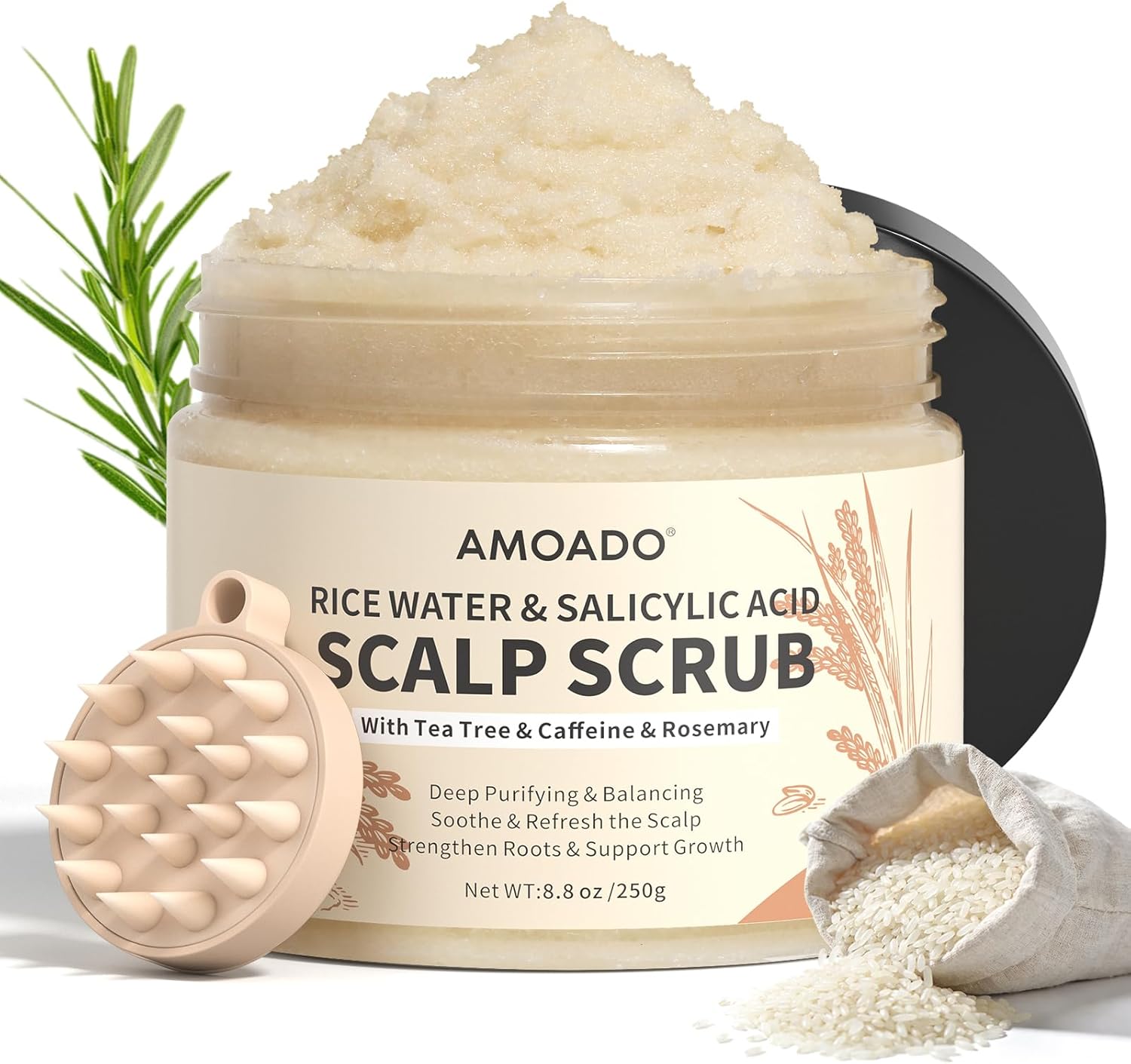 Rice Water Scalp Scrub with Salicylic Acid(BHA), Tea Tree & Rosemary – Gentle Exfoliating Scalp Scrub Shampoo for Dandruff, Removes Buildup, Controls Oil & Refreshes the Scalp,250g