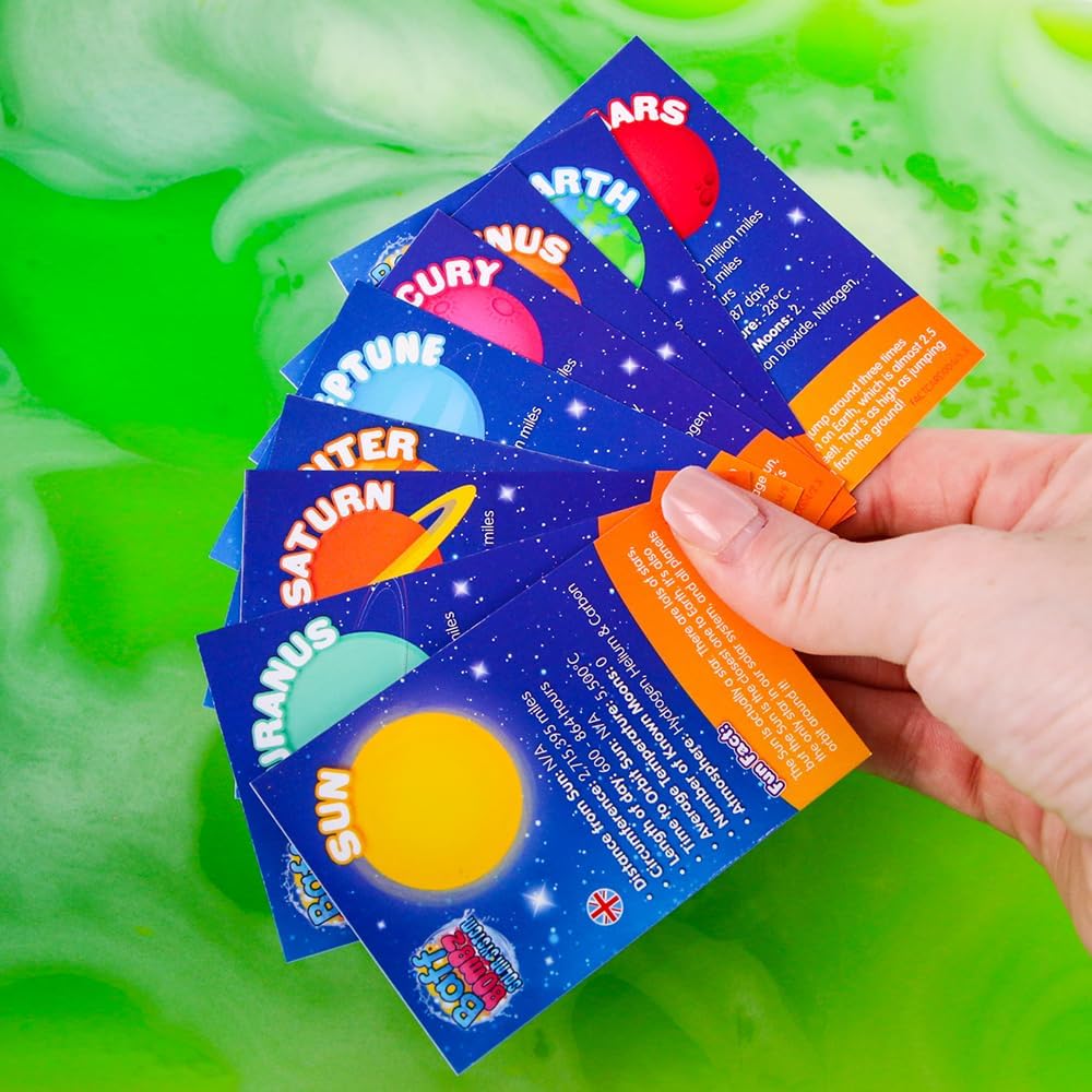 ZIMPLI 9 x Solar System Bath Bombs Gift Set, 9 x Planetary Fact Cards, Kids Educational Planet Toy, Science Kits for Boys & Girls, Bath Toy Birthday Presents, Learning Pocket Money Gifts