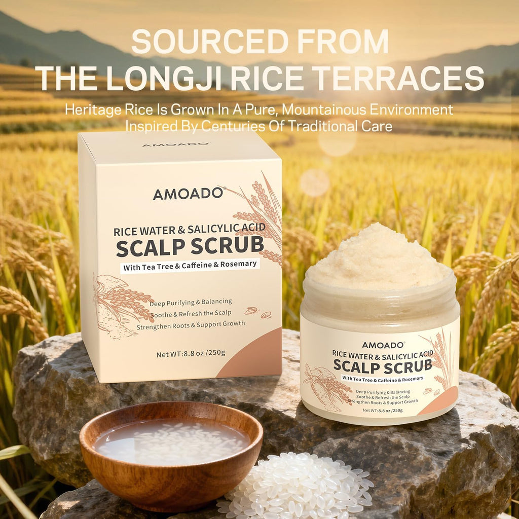 Rice Water Scalp Scrub with Salicylic Acid(BHA), Tea Tree & Rosemary – Gentle Exfoliating Scalp Scrub Shampoo for Dandruff, Removes Buildup, Controls Oil & Refreshes the Scalp,250g