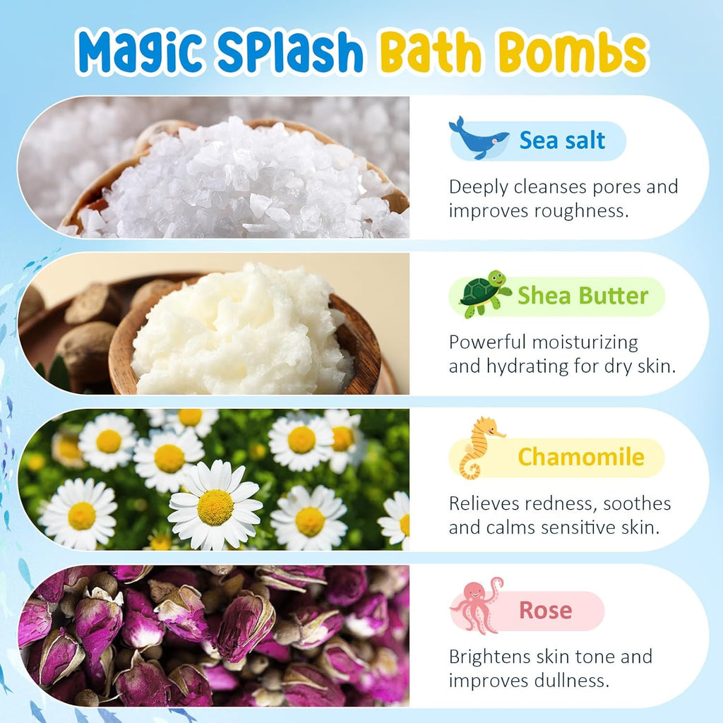 Kids Bath Bombs – Fizzy Bath Bubbles with Cocoa & Shea Butter – Surprise Bath Bombs for Kids Gentle on Delicate Skin – Colourful Bathtime Fun for Children – Ideal Gift for Boys & Girls – 6 Pack
