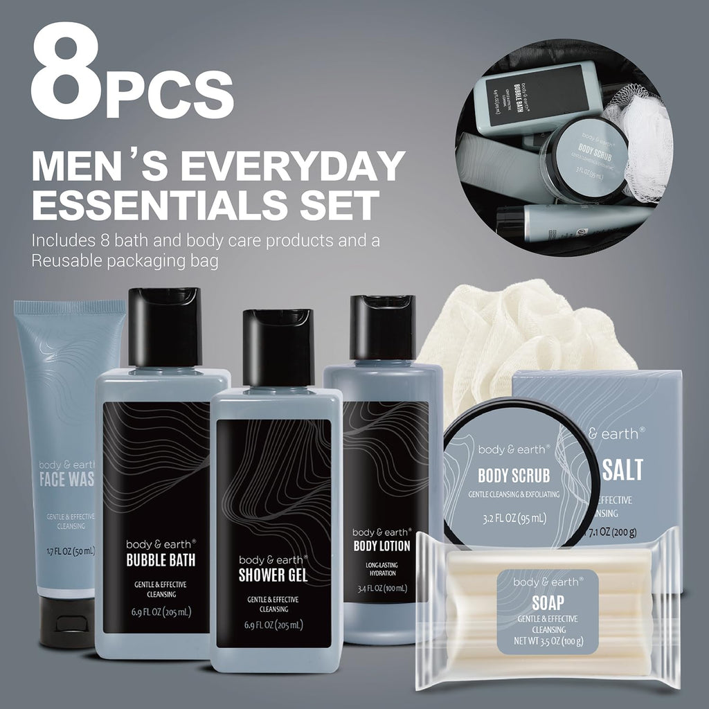 Bath and Body Gift Baskets for Men Body & Earth 9Pcs Fresh Citrus Mens Bath Set with Body Lotion, Face Wash, Shower Gel, Bubble Bath, Loofah Gift Set for Men Fathers Day Valentine Gifts Christmas