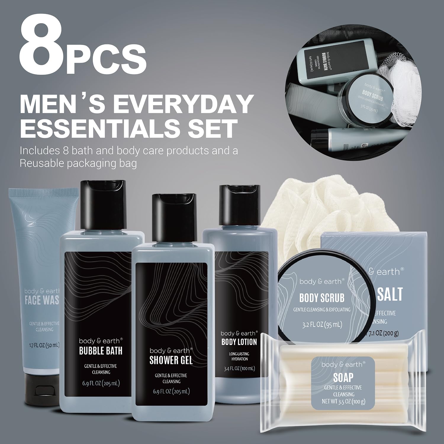 Bath and Body Gift Baskets for Men Body & Earth 9Pcs Fresh Citrus Mens Bath Set with Body Lotion, Face Wash, Shower Gel, Bubble Bath, Loofah Gift Set for Men Fathers Day Valentine Gifts Christmas