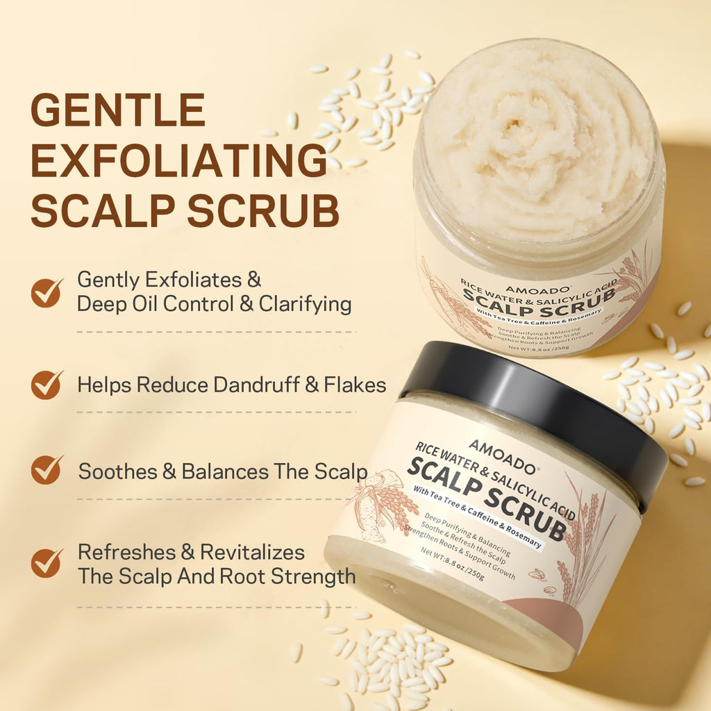 Rice Water Scalp Scrub with Salicylic Acid(BHA), Tea Tree & Rosemary – Gentle Exfoliating Scalp Scrub Shampoo for Dandruff, Removes Buildup, Controls Oil & Refreshes the Scalp,250g