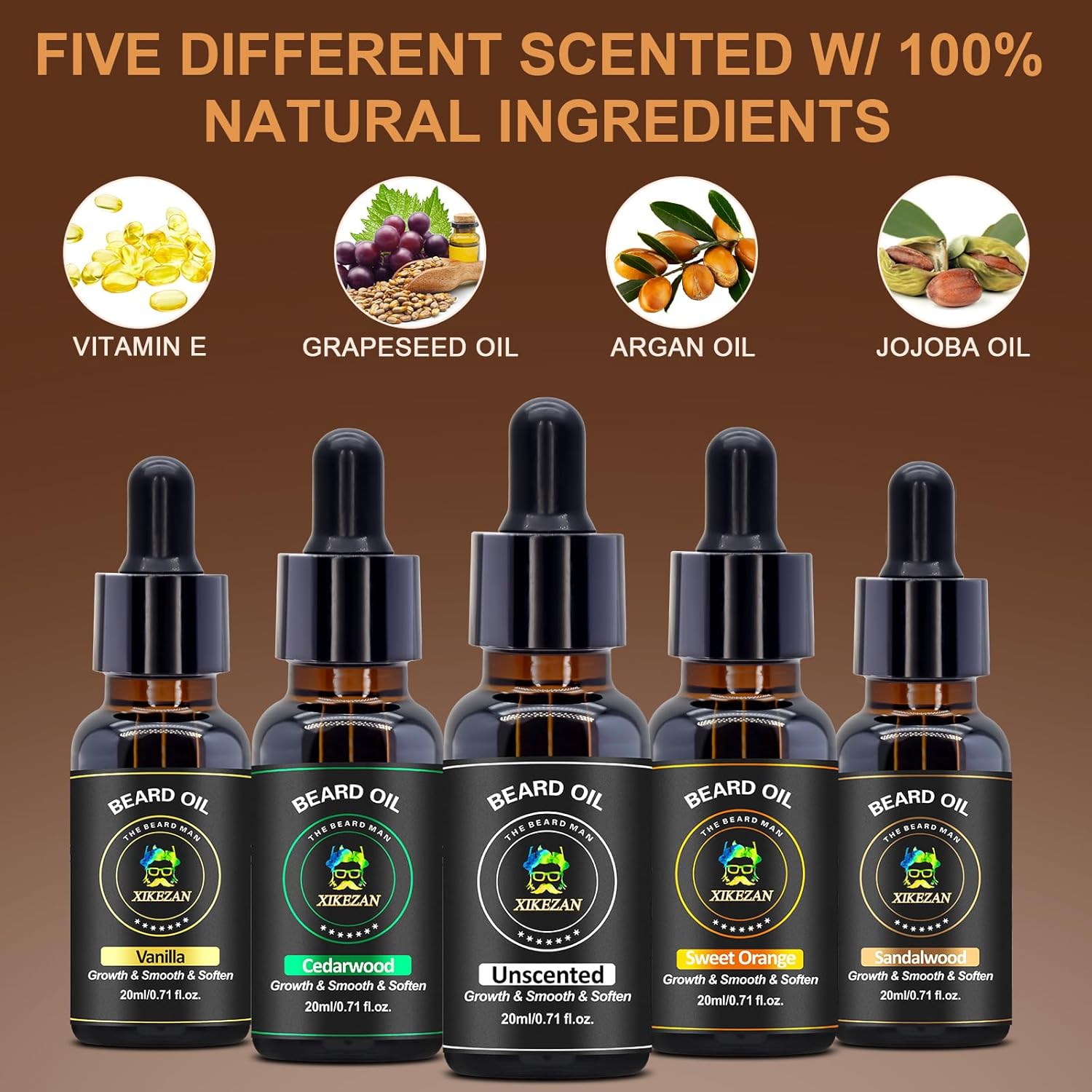 Beard Oil 5 Pack,Pure & Natural Sandalwood,Cedarwood,Vanilla,Sweet Orange,Unscented for Men Beard Growth,Soften,Moisturize,Strength,Christmas Fathers Valentines Gifts for Men Him Dad Boyfriend Husband