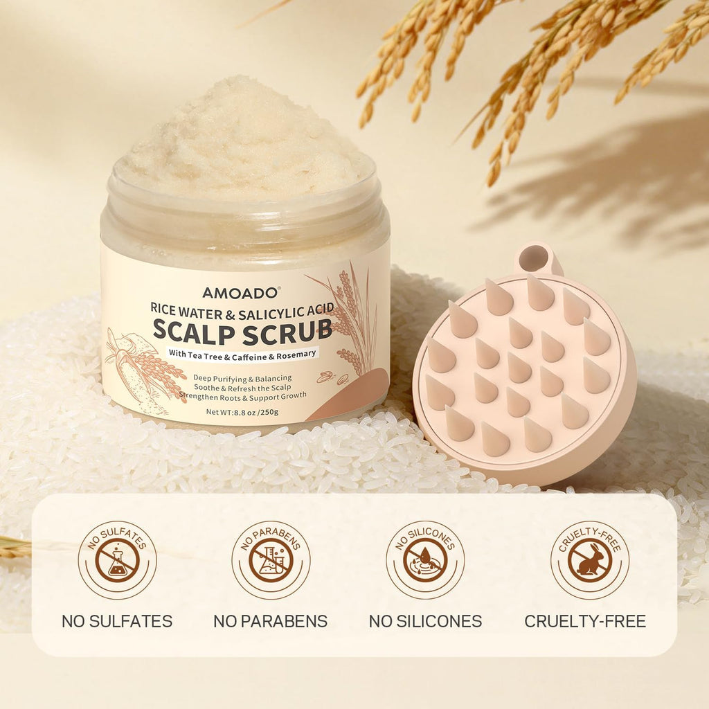 Rice Water Scalp Scrub with Salicylic Acid(BHA), Tea Tree & Rosemary – Gentle Exfoliating Scalp Scrub Shampoo for Dandruff, Removes Buildup, Controls Oil & Refreshes the Scalp,250g