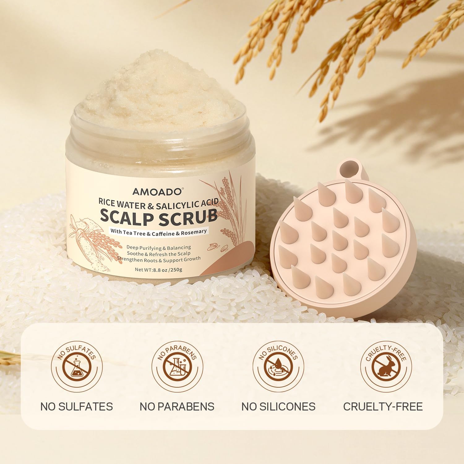 Rice Water Scalp Scrub with Salicylic Acid(BHA), Tea Tree & Rosemary – Gentle Exfoliating Scalp Scrub Shampoo for Dandruff, Removes Buildup, Controls Oil & Refreshes the Scalp,250g