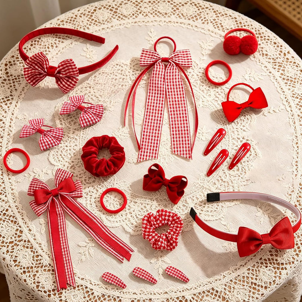 Green Hair Accessories for Girls, 28 Pcs School Hair Accessories Include Bow Hair Clips Headband Hair Bands Ribbon Ponytail Holder, Hair Bows Set for Girls Daily Dress (Available in blue, red yellow, green )