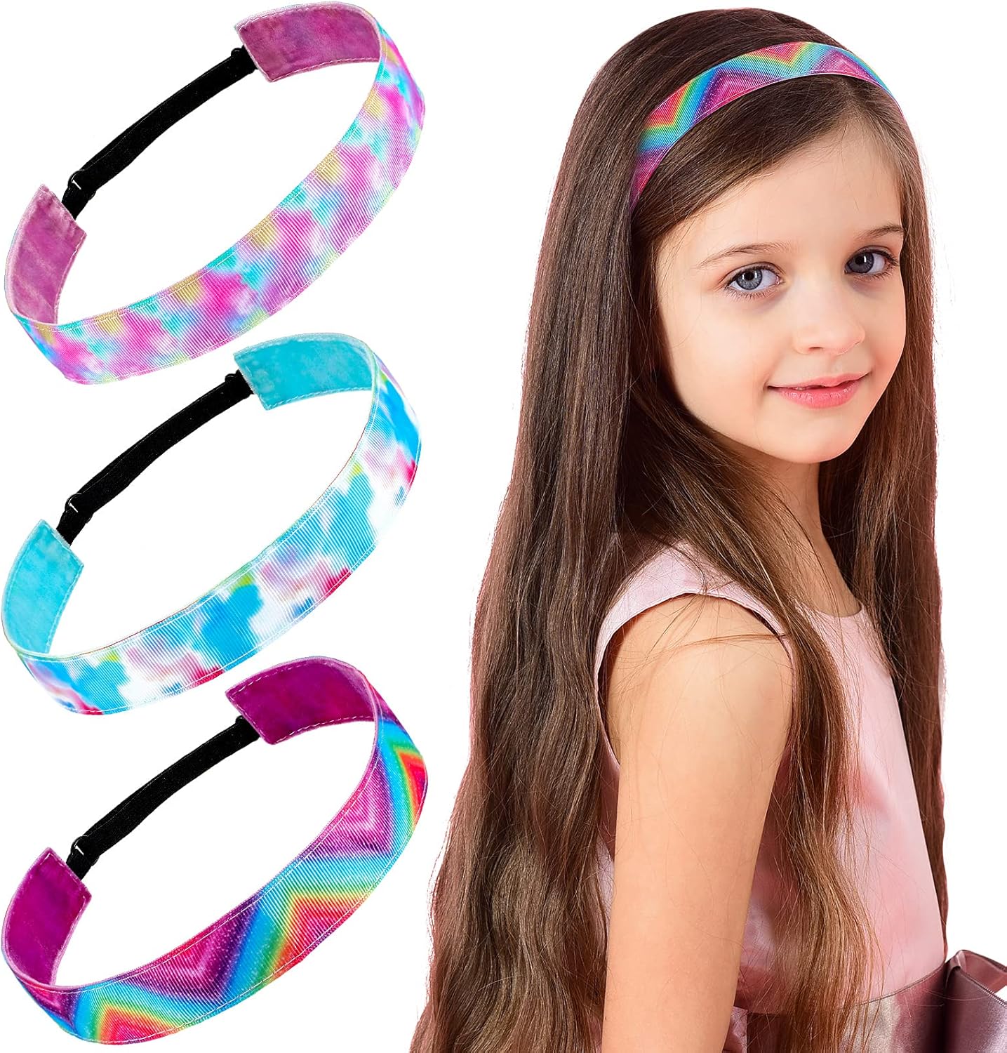 3 Pieces Tie Dye Elastic Headbands Kids Girls Tween Wide Head Bands Stretch Sports No Slip Chic Stretch Hairband for Yoga Adjustable Hair Band Hair Accessories