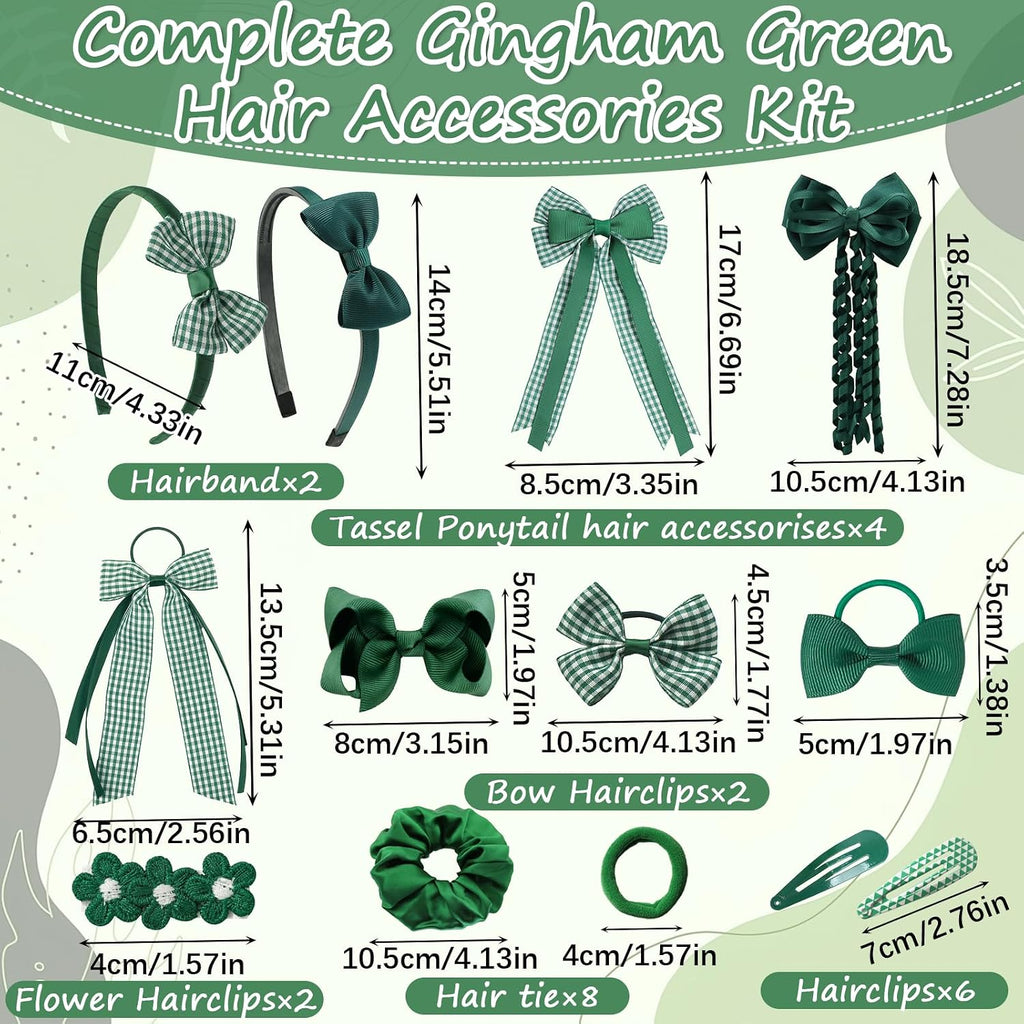 Green Hair Accessories for Girls, 28 Pcs School Hair Accessories Include Bow Hair Clips Headband Hair Bands Ribbon Ponytail Holder, Hair Bows Set for Girls Daily Dress (Available in blue, red yellow, green )