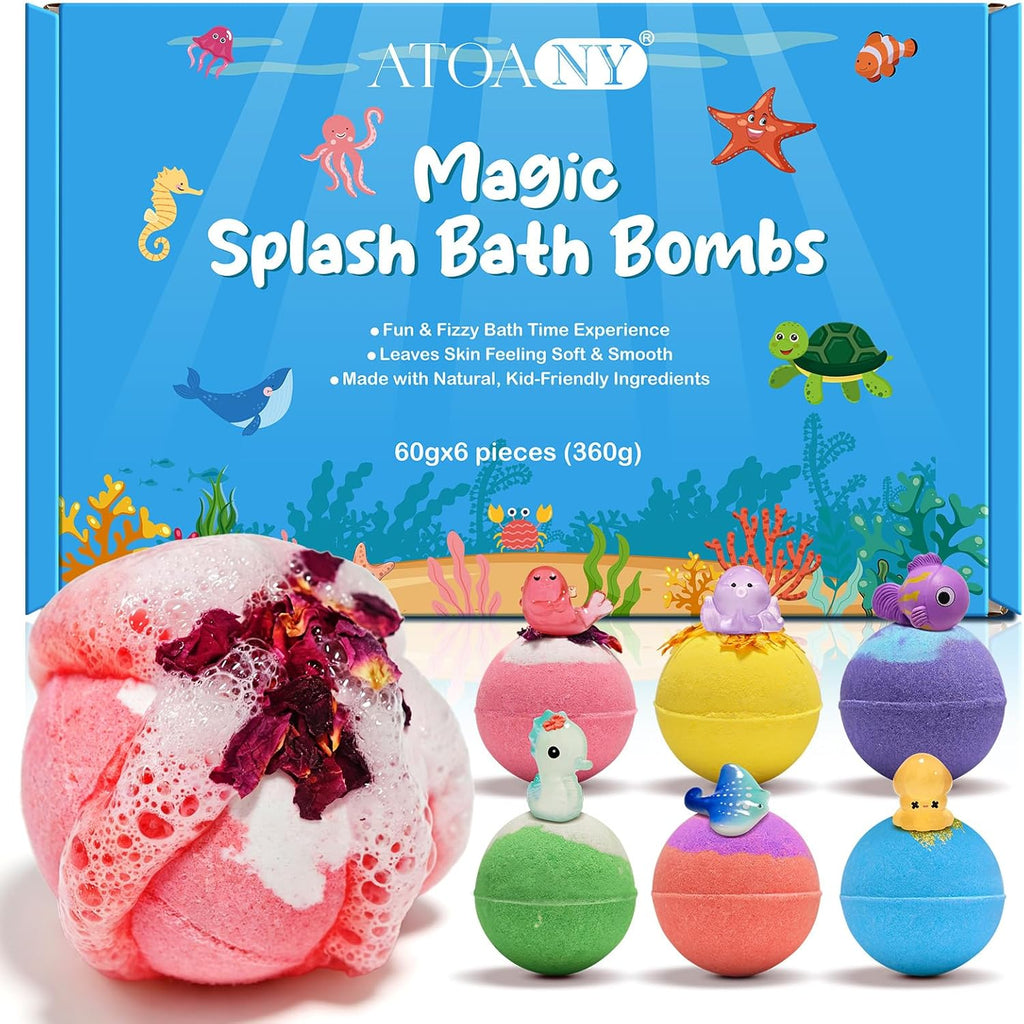 Kids Bath Bombs – Fizzy Bath Bubbles with Cocoa & Shea Butter – Surprise Bath Bombs for Kids Gentle on Delicate Skin – Colourful Bathtime Fun for Children – Ideal Gift for Boys & Girls – 6 Pack
