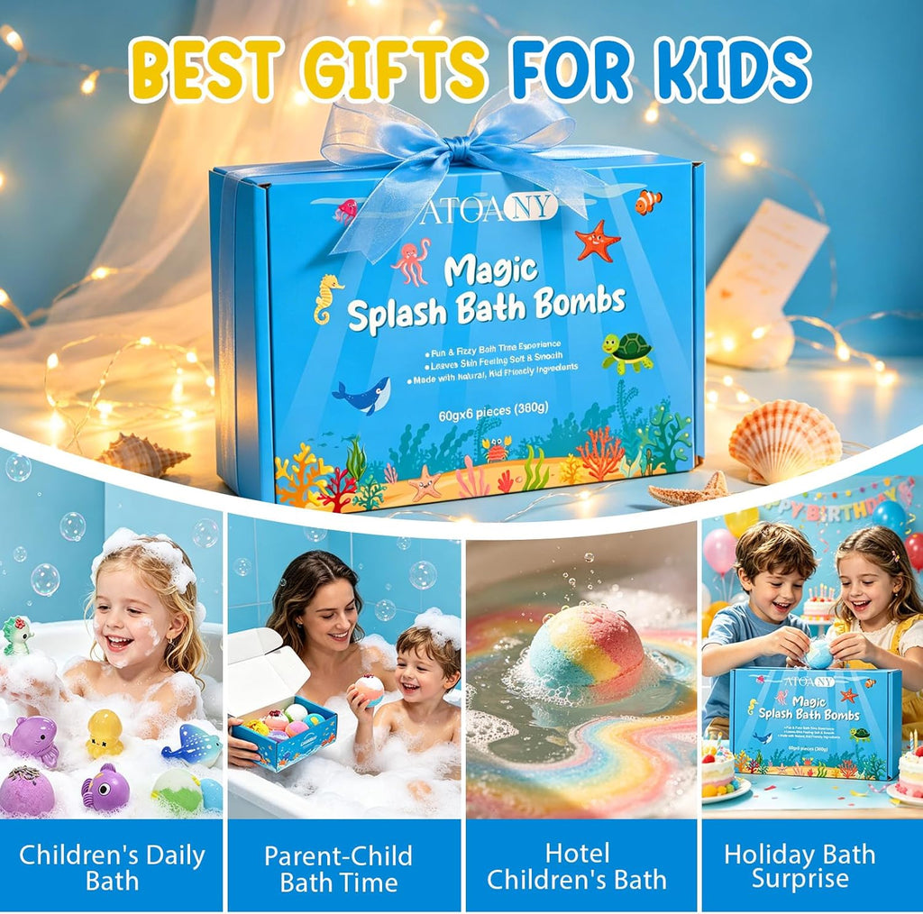 Kids Bath Bombs – Fizzy Bath Bubbles with Cocoa & Shea Butter – Surprise Bath Bombs for Kids Gentle on Delicate Skin – Colourful Bathtime Fun for Children – Ideal Gift for Boys & Girls – 6 Pack