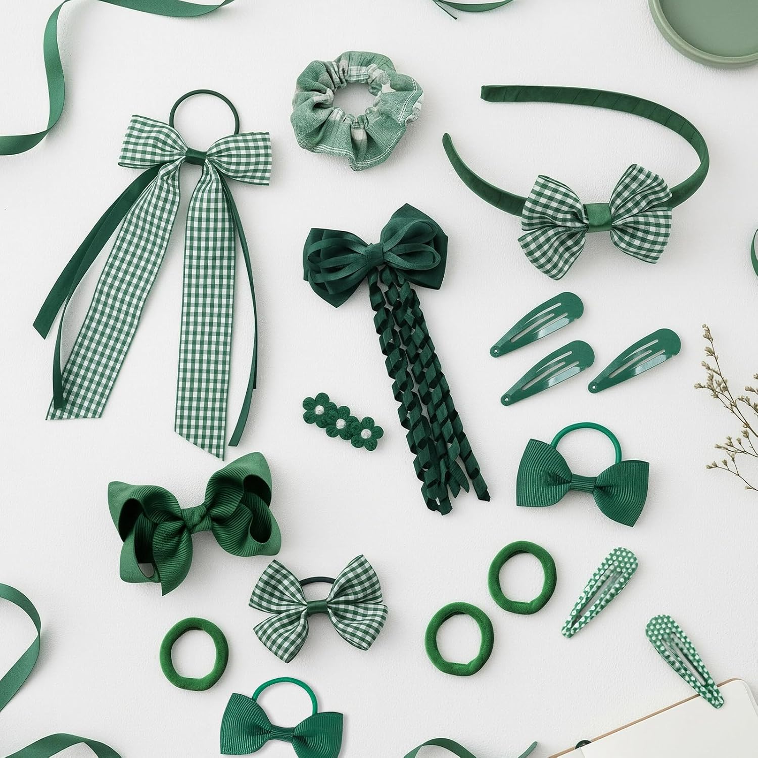 Green Hair Accessories for Girls, 28 Pcs School Hair Accessories Include Bow Hair Clips Headband Hair Bands Ribbon Ponytail Holder, Hair Bows Set for Girls Daily Dress (Available in blue, red yellow, green )