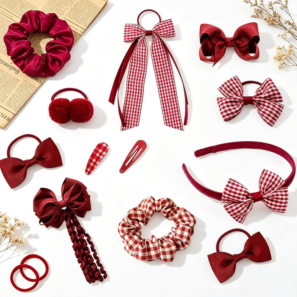 Green Hair Accessories for Girls, 28 Pcs School Hair Accessories Include Bow Hair Clips Headband Hair Bands Ribbon Ponytail Holder, Hair Bows Set for Girls Daily Dress (Available in blue, red yellow, green )