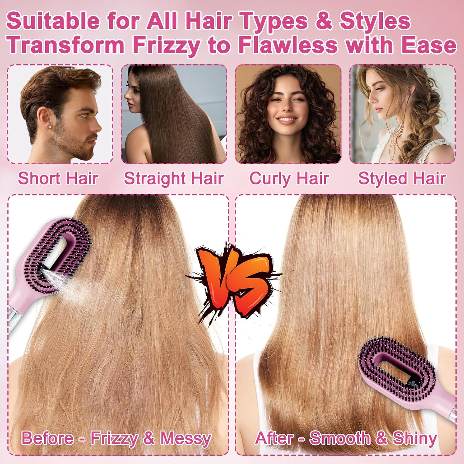 Spray Hair Brush 2-In-1 Mist Hairbrush Spray Massage Comb | Steam Hairbrush with Water Spray Portable Clean Wet & Dry Anti Frizz Detangling for Curly Wavy Straight Hairs